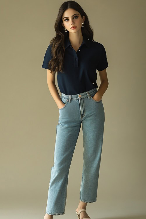 A woman in a navy blue polo tucked into tailored light-wash ankle-length jeans, accessorized with pearl stud earrings and ballet flats