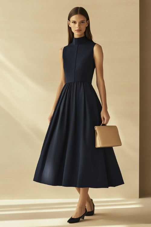 A woman in a navy blue sleeveless midi dress with a high neckline, styled with a structured handbag and beige loafers