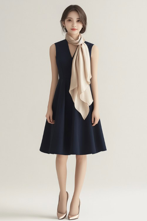 A woman in a navy blue sleeveless shift dress with a structured fit, paired with ballet flats and a silk scarf