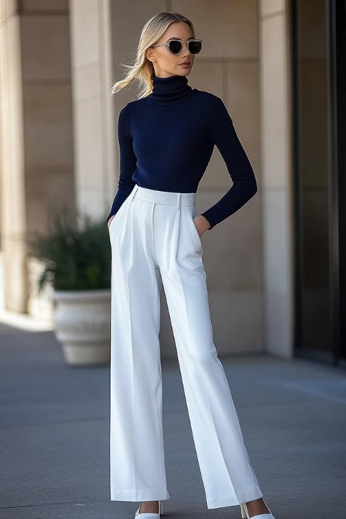 A woman in a navy blue turtleneck sweater tucked into white wide-leg trousers, styled with loafers