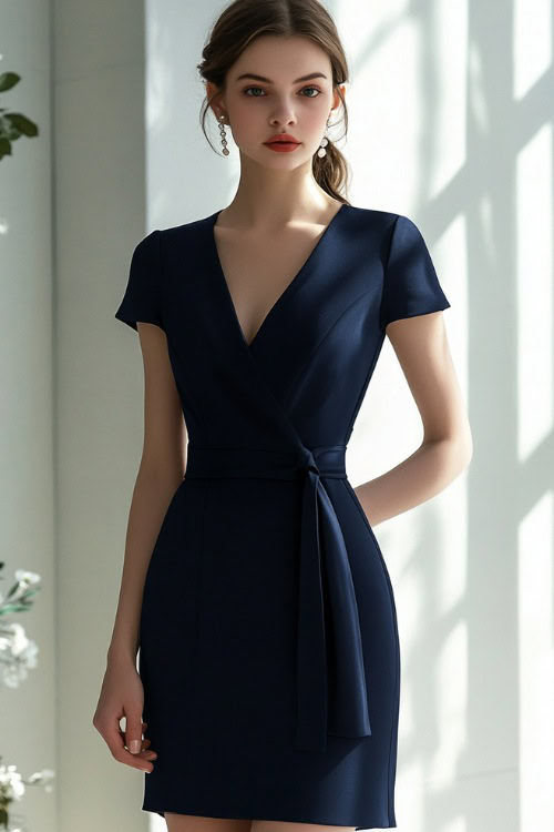 A woman in a navy blue wrap midi dress with a belted waist, accessorized with pearl earrings and pumps (2)