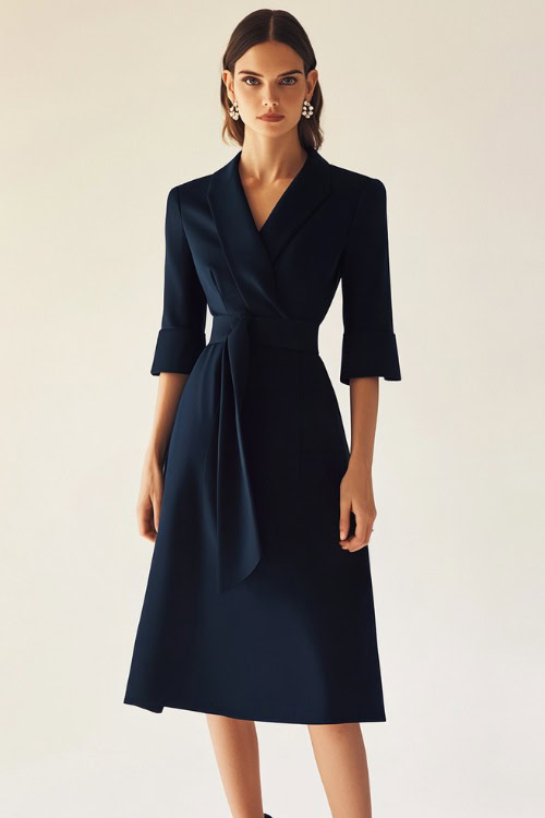 A woman in a navy blue wrap midi dress with a belted waist, accessorized with pearl earrings and pumps