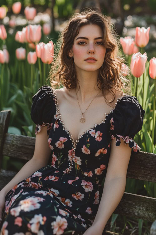 A woman in a navy fit-and-flare dress with puff sleeves, floral prints, and a scalloped hemline, posing near a rustic spring wedding bench surrounded by tulips