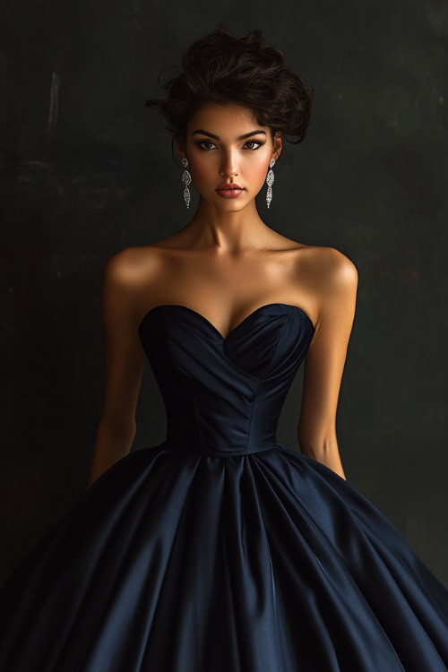 A woman in a navy satin ball gown with a sweetheart neckline, styled with silver drop earrings