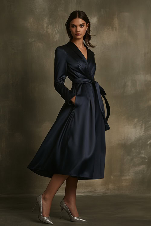 A woman in a navy satin wrap dress with a belted waist, styled with silver pointed pumps