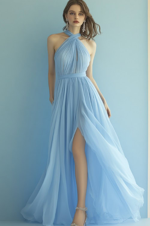 A woman in a pale blue chiffon gown with a halter neckline, accessorized with diamond drop earrings and metallic heels