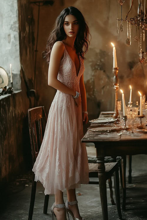 A woman in a pale pink A-line dress with lace detailing, pumps, and a silver bracelet