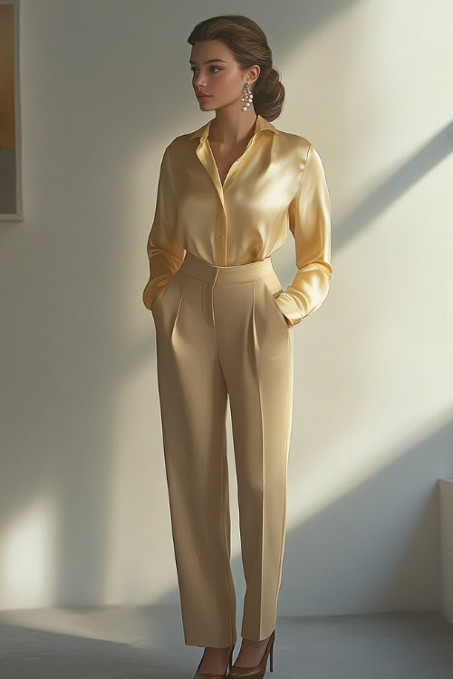 A woman in a pale yellow silk blouse tucked into high-waisted beige trousers, accessorized with pearl earrings and brown leather flats