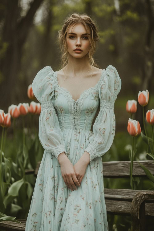 A woman in a pastel blue A-line midi dress with subtle floral prints and puff sleeves, standing near a rustic wedding bench surrounded by tulips (2)