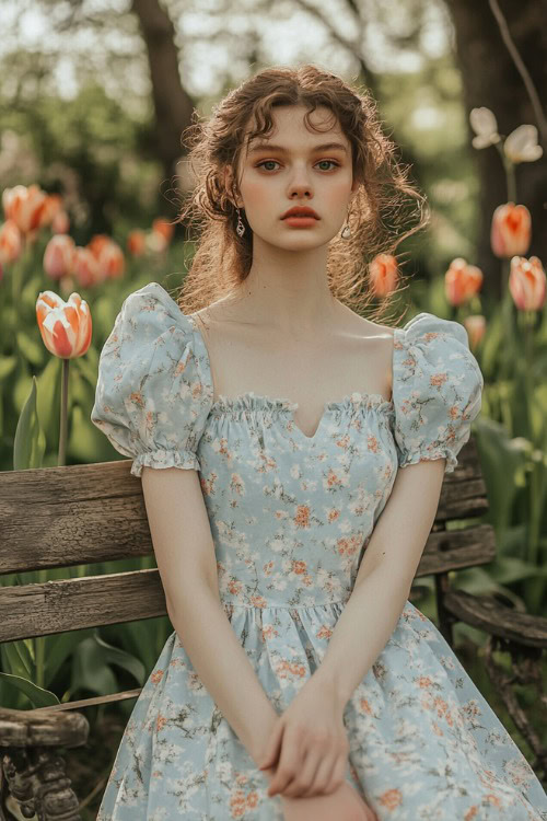 A woman in a pastel blue A-line midi dress with subtle floral prints and puff sleeves, standing near a rustic wedding bench surrounded by tulips