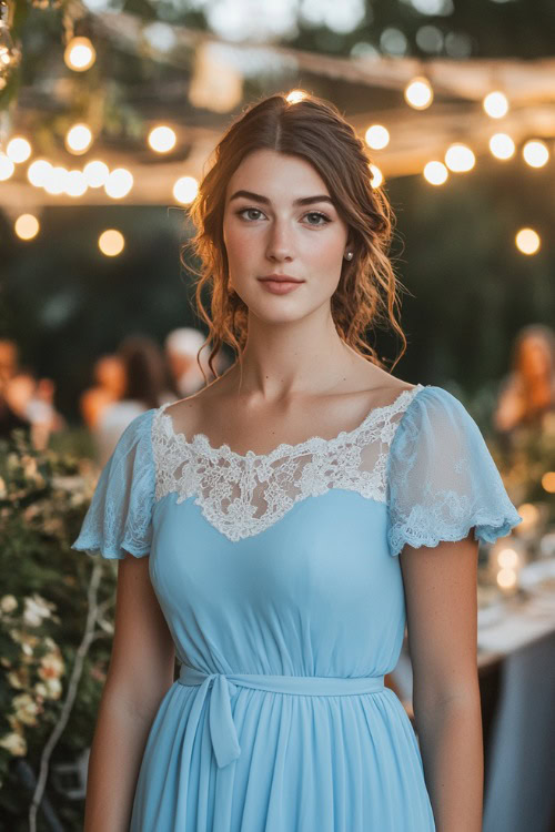 A woman in a pastel blue midi dress with short flutter sleeves, a gathered waist, and lace accents, standing near a brightly lit outdoor wedding reception