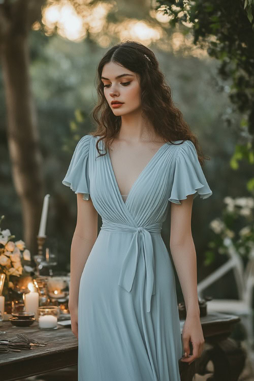 A woman in a pastel blue midi wrap dress with a gathered waist, flutter sleeves, and a tulip hemline, standing near a candlelit outdoor wedding table