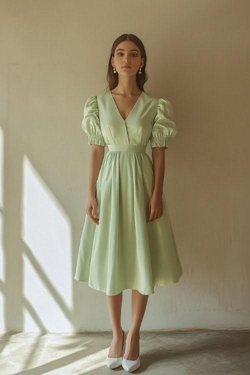 A woman in a pastel green midi dress with puffed sleeves, styled with pearl earrings and white heeled sandals