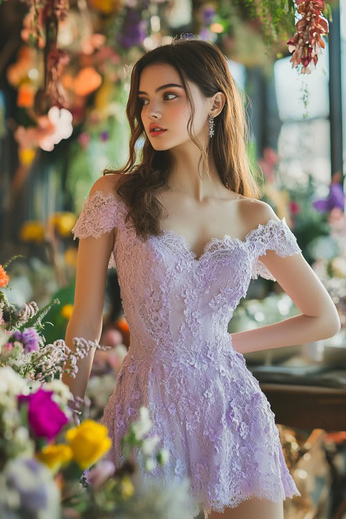 A woman in a pastel lavender short fit-and-flare dress with a scalloped hem and lace overlay, standing near a spring-themed wedding reception with colorful florals