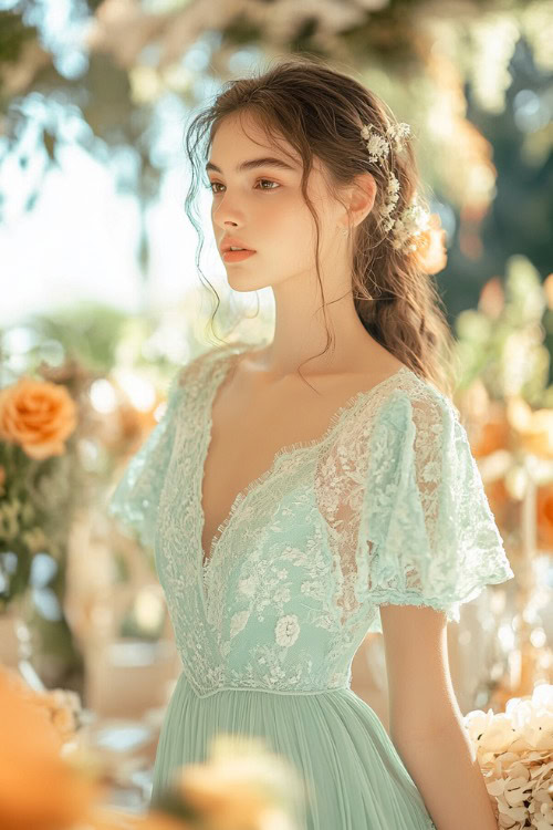 A woman in a pastel mint green tea-length dress with flutter sleeves and subtle lace details, standing near a brightly lit floral wedding setup