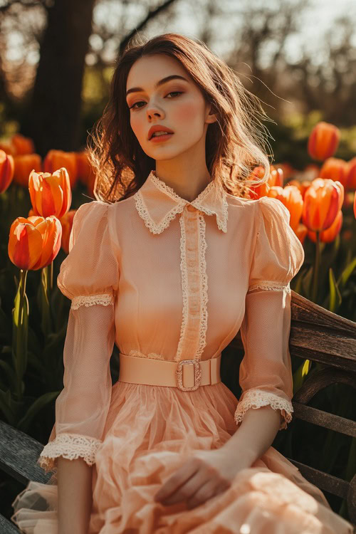 A woman in a pastel peach collared shirt dress with a belted waist, layered skirt, and lace cuffs, posing near a brightly lit spring wedding bench surrounded by tulips