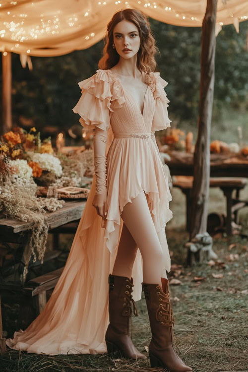 A woman in a pastel peach gown with dramatic cape sleeves and a fitted waist, styled with brown knee-high boots