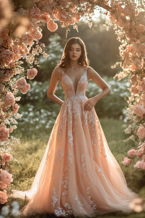 A woman in a pastel peach sleeveless dress with a tulip hemline, a gathered bodice, and a lace overlay, posing near a softly lit floral wedding arch (2)