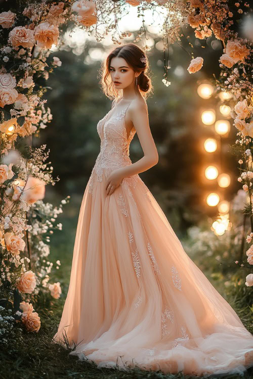 A woman in a pastel peach sleeveless dress with a tulip hemline, a gathered bodice, and a lace overlay, posing near a softly lit floral wedding arch