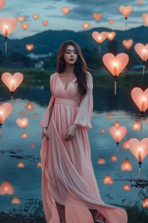 A woman in a pastel pink chiffon maxi dress with flutter sleeves and silver flat sandals (3)