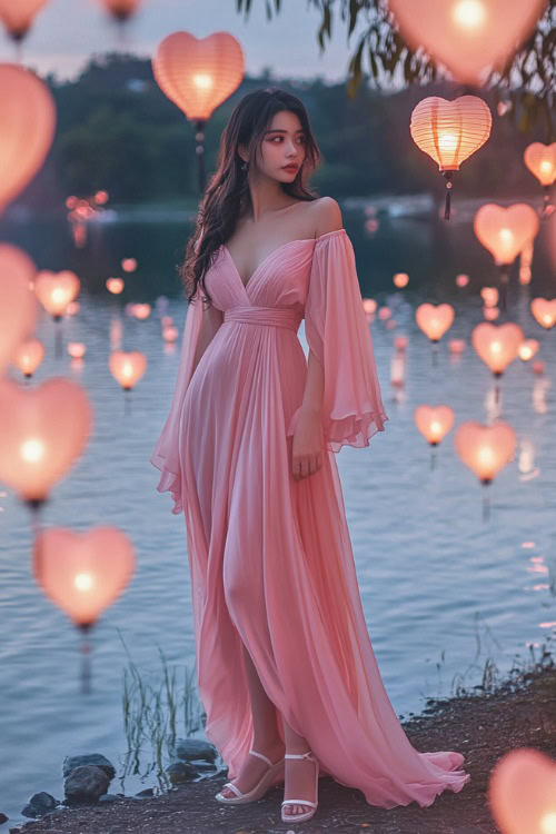 A woman in a pastel pink chiffon maxi dress with flutter sleeves and silver flat sandals