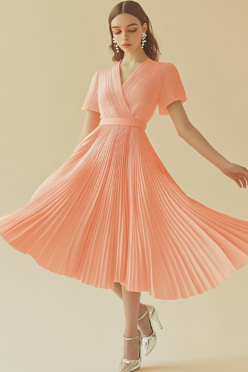 A woman in a pastel pink pleated midi dress, accessorized with pearl earrings and silver heels