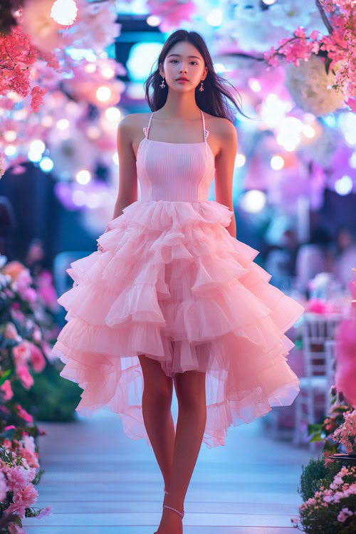 A woman in a pastel pink short A-line dress with a halter neckline, a smocked bodice, and a layered ruffled skirt, standing near a brightly lit floral wedding reception area