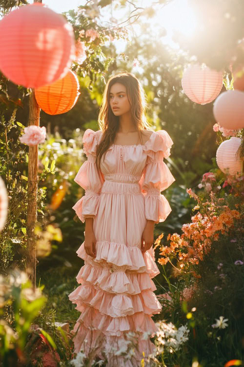 A woman in a pastel pink smocked midi dress with puff sleeves, tiered ruffles, and a cinched waist, standing near a brightly lit garden wedding stage