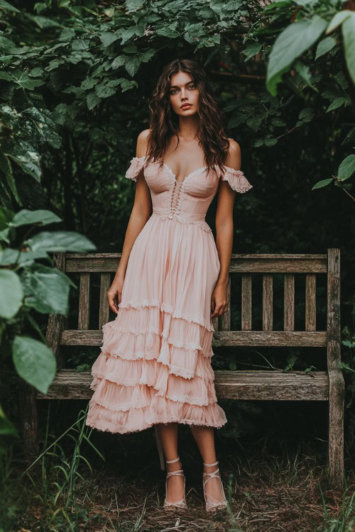 A woman in a pastel pink tea-length A-line dress with a scalloped neckline, subtle floral accents, and a layered skirt, standing near a rustic wedding bench surrounded by greenery