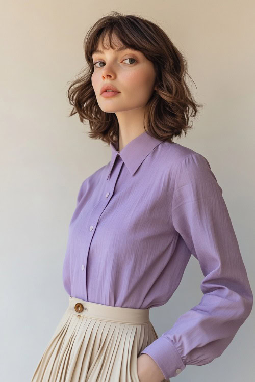 A woman in a pastel purple button-up blouse tucked into a beige pleated skirt, styled with loafers