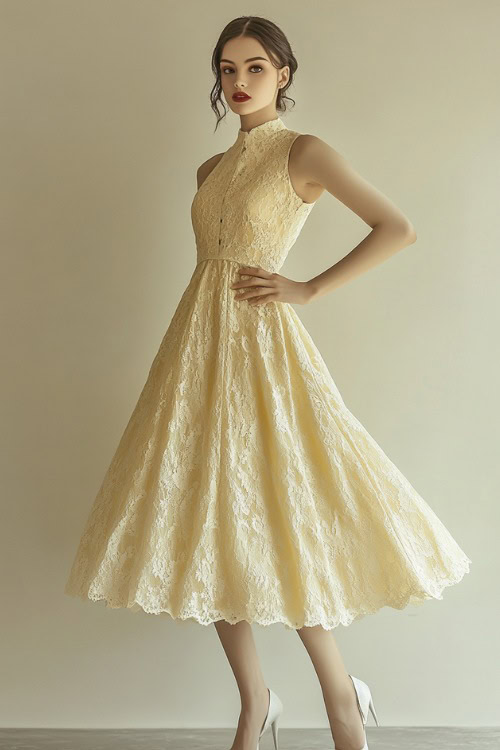 A woman in a pastel yellow A-line dress with a lace overlay, styled with pointed heels