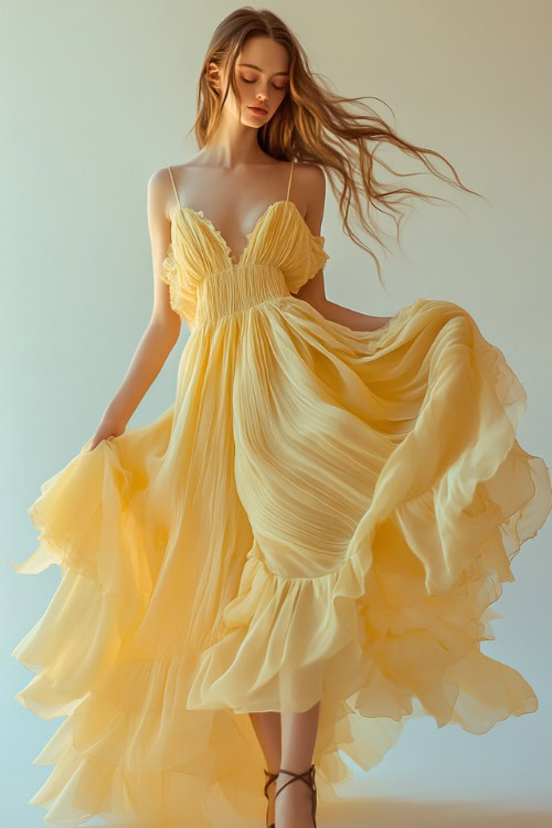 A woman in a pastel yellow chiffon gown with ruffle detailing, styled with strappy sandals