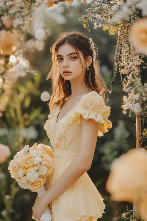 A woman in a pastel yellow short wrap dress with flutter sleeves, ruffle accents, and a cinched waist, standing near a brightly lit floral wedding arch (2)