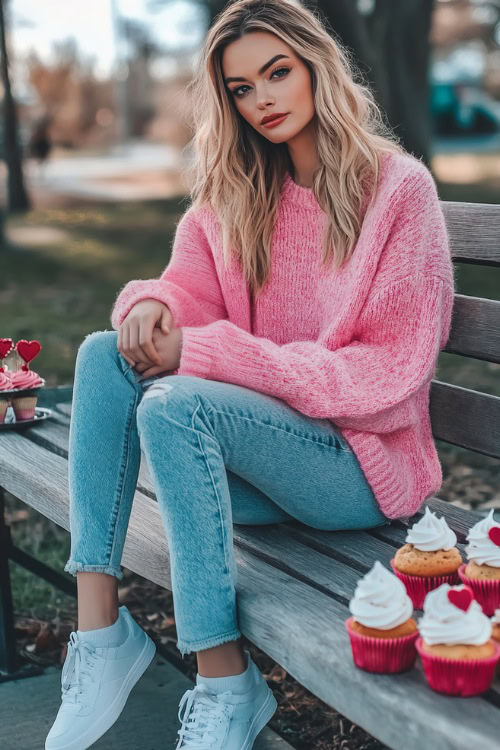 A woman in a pink oversized sweater, paired with light-wash jeans and sneakers (2)