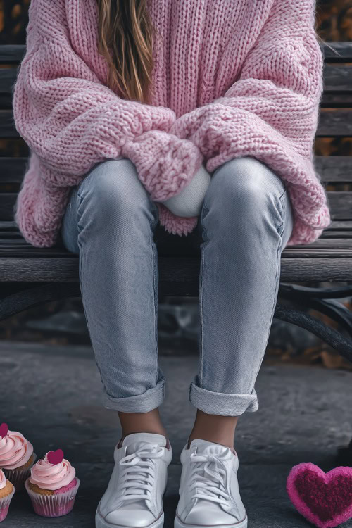 A woman in a pink oversized sweater, paired with light-wash jeans and sneakers