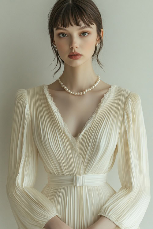 A woman in a pleated ivory silk midi dress with long sleeves and a pearl necklace