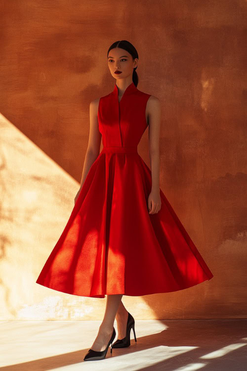 A woman in a red A-line midi dress with a structured bodice, styled with black pointed pumps