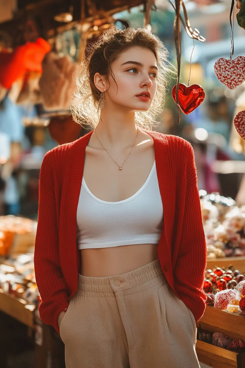 A woman in a red cropped cardigan, white tank top, and wide-leg beige trousers