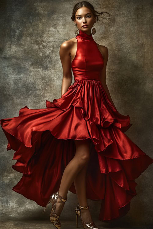 A woman in a red high-neck satin dress with a ruffled skirt, accessorized with gold jewelry and metallic heels