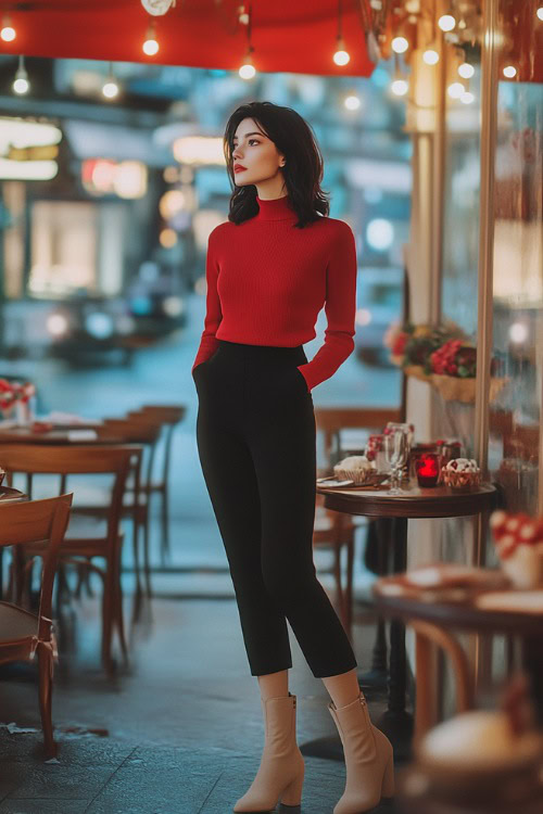 A woman in a red mock-neck sweater tucked into high-waisted black culottes, paired with beige ankle boots