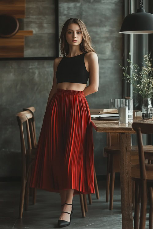 A woman in a red pleated midi skirt paired with a black scoop neck top and matching black flats (2)