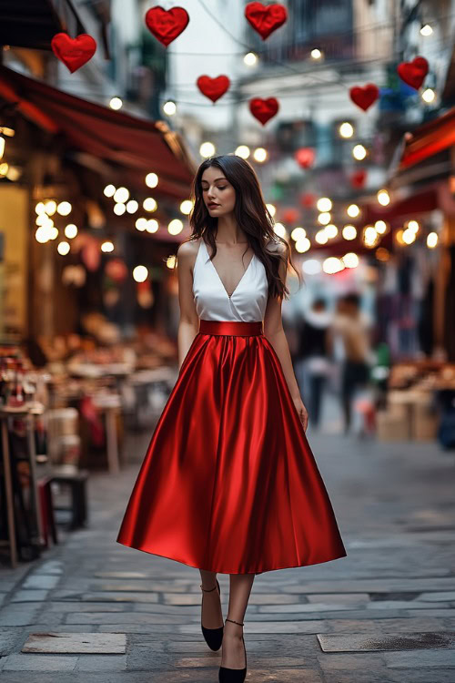 A woman in a red satin midi skirt, paired with a white fitted top and black flats