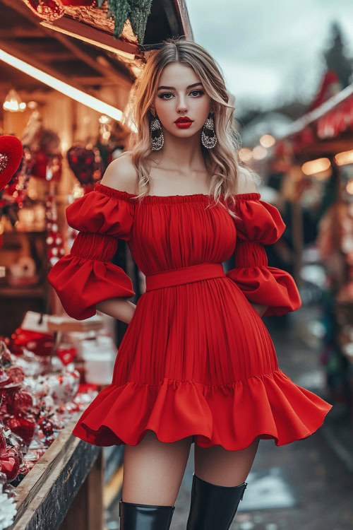 A woman in a red tiered mini dress with balloon sleeves, black heeled booties, and bold earrings (2)