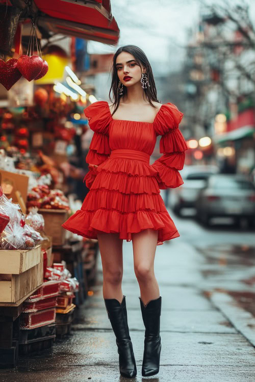 A woman in a red tiered mini dress with balloon sleeves, black heeled booties, and bold earrings