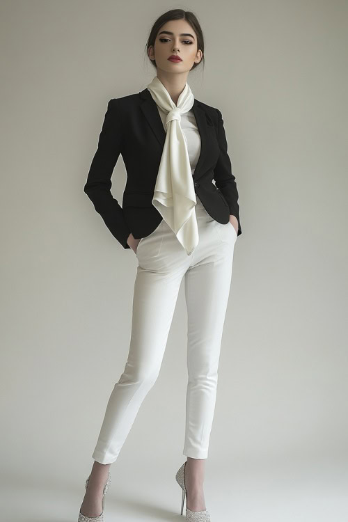 A woman in a silk scarf tied around her neck, paired with a tailored blazer and slim white trousers