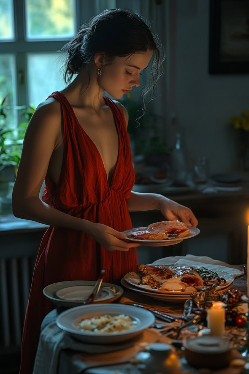 A woman in a simple red cotton dress, barefoot, standing near a home-cooked meal on a candlelit table