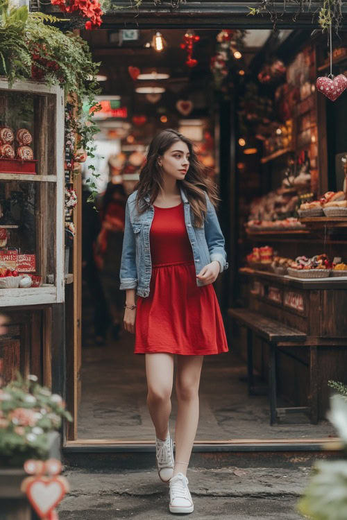 A woman in a simple red skater dress with cap sleeves, paired with white sneakers and a denim jacket