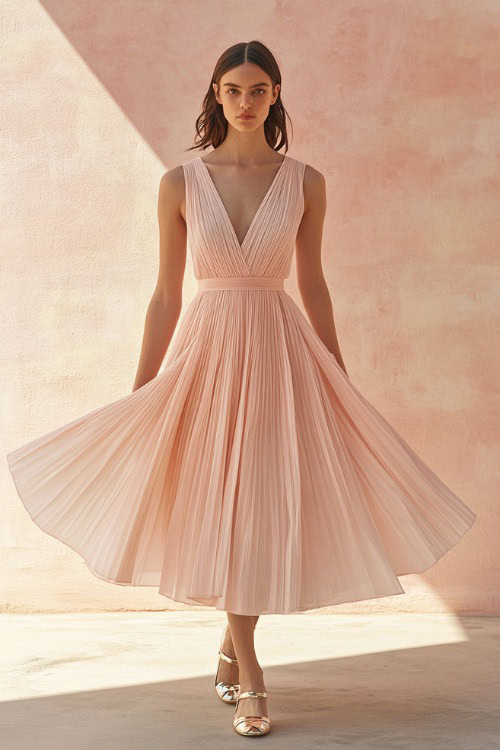 A woman in a sleeveless light pink midi dress with pleated detailing, accessorized with metallic sandals