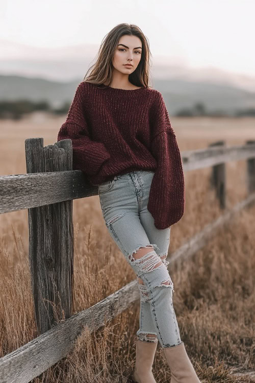 A woman in a slouchy maroon sweater, ripped jeans, and beige ankle boots