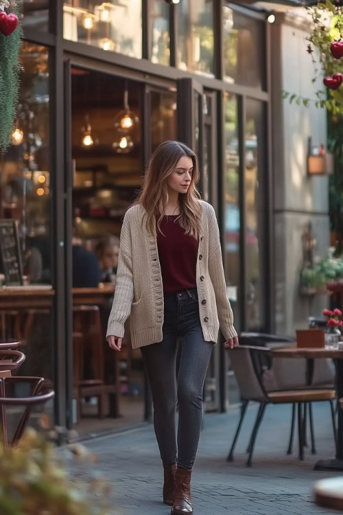 A woman in a soft beige knit cardigan over a burgundy top, paired with dark skinny jeans and ankle boots